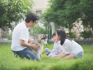 A family outside with their dog