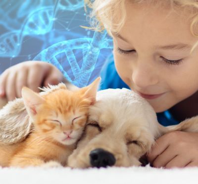 Image of child snuggling a dog and kitten with dna strands in the background