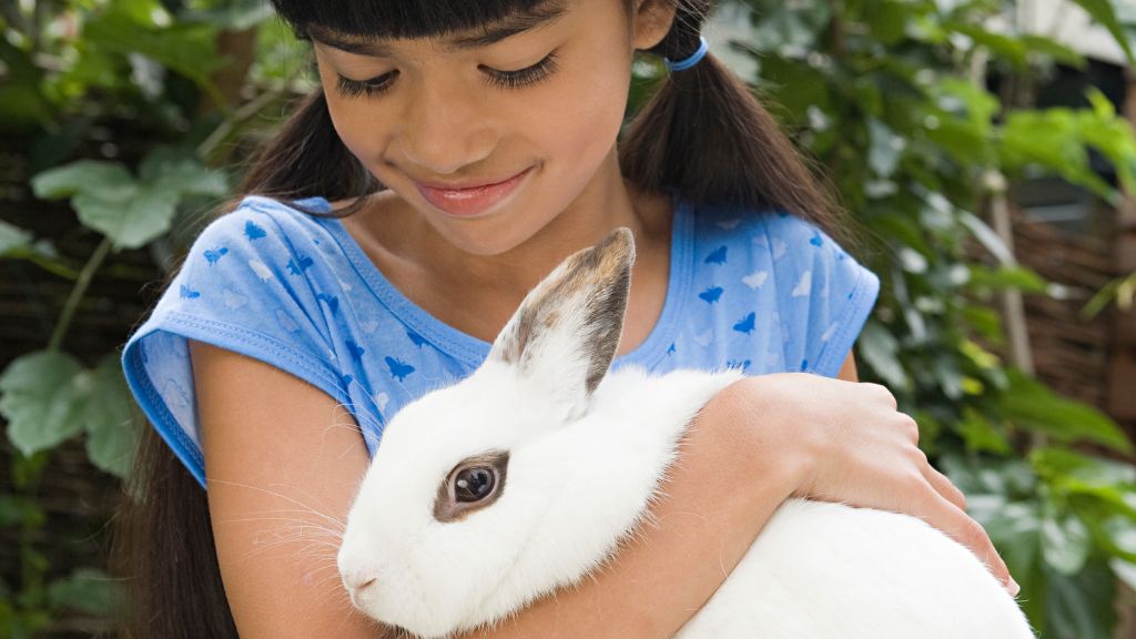 young child gently holding a bunny and smiling down at them