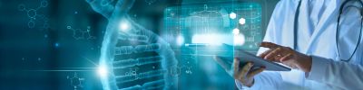 a doctor with a tablet, and dna and other medical innovations floating in the air--We need better ethics in medical research to protect and benefit both people and animals