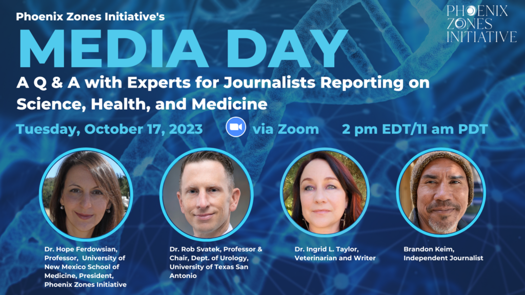 PZI's Media Day for journalists who cover public health, science, and medicine. Image includes thumbnails of the event panelists