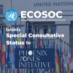 Background image of UN Member flags, with text about ECOSOC granting PZI special consultative status