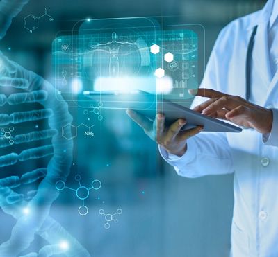 Image of a doctor in a lab coat working on a tablet, and other medical-related elements in the background and foreground, such as a magnified strand of DNA.